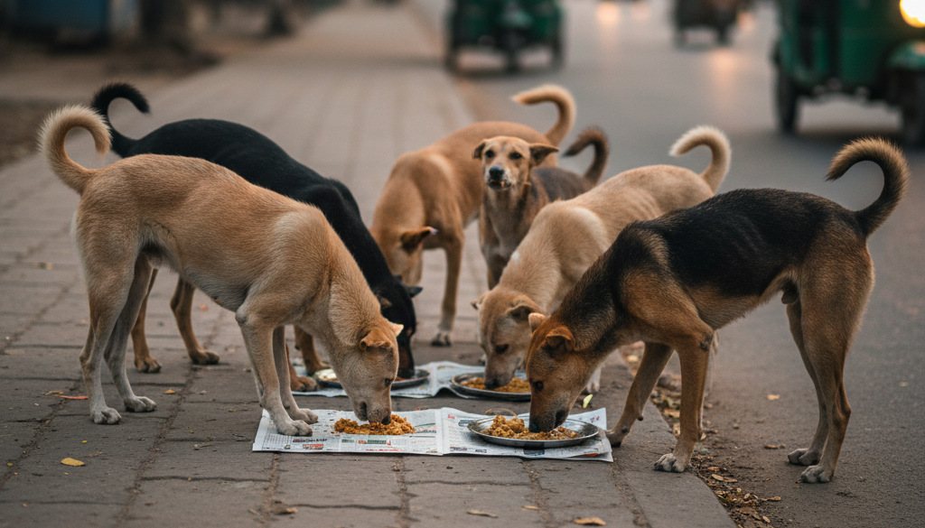 Volunteer feeding a street dog in Kolkata